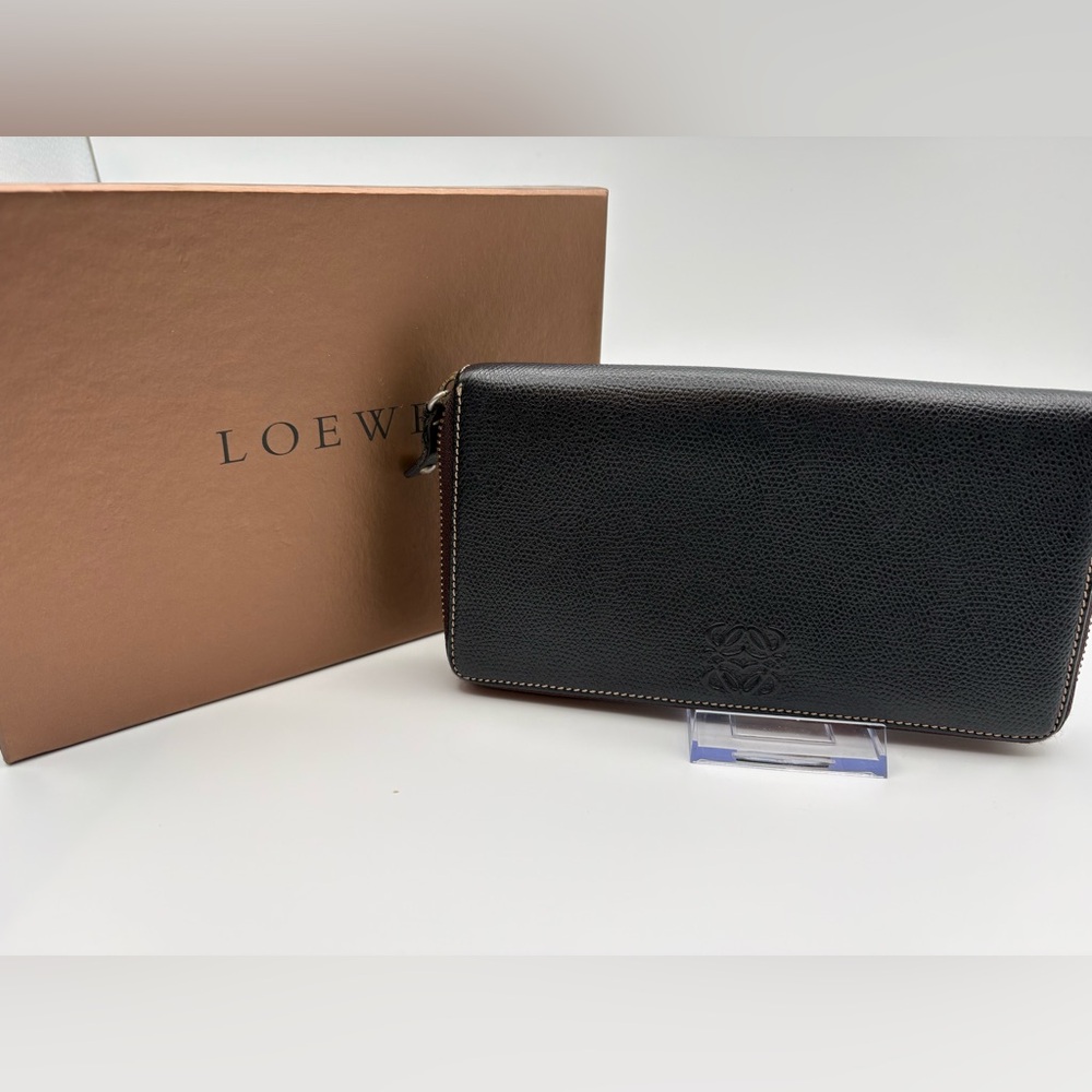 Loewe Black Leather Zip Around Long Wallet Anagram Logo